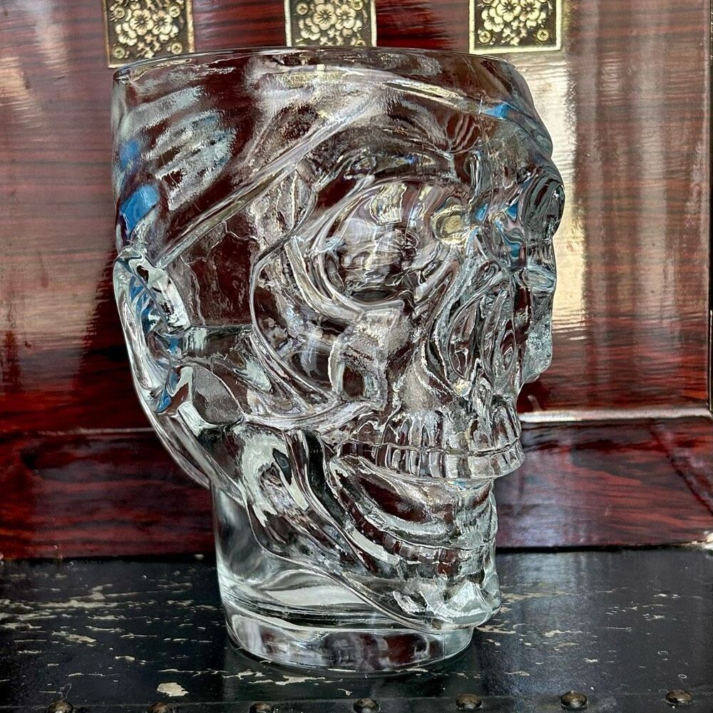 Vintage Luminarc Pirate Skull Halloween Mug 30 Oz  Large Heavy Clear Glass